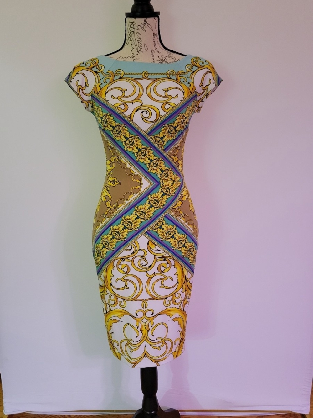 Cache Gold and Blue Baroque Midi Sheath Dress
